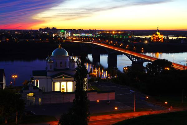 Annunciation Monastery & scenic view of Nizhny Novgorod at the golden hour, Russia