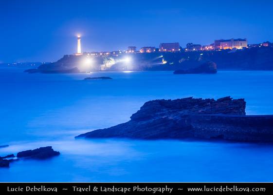 France - Cote Basque - Biarritz & its Lighthouse at Twilight - Blue Hour - Dusk - Night