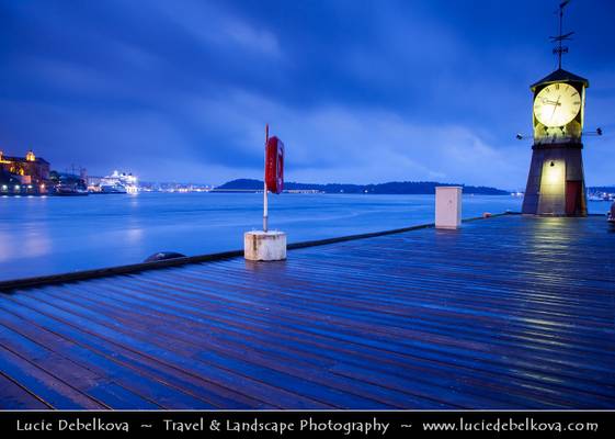 Norway - Oslo - Clock Tower in Pipervika Waterfront - Aker Brygge Harbour at Dusk - Twilight - Blue Hour