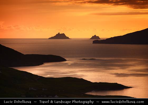 Ireland - County Kerry - Ring of Kerry - Sunset over Bay with The Skellig Islands - Skellig Michael & Small Skellig