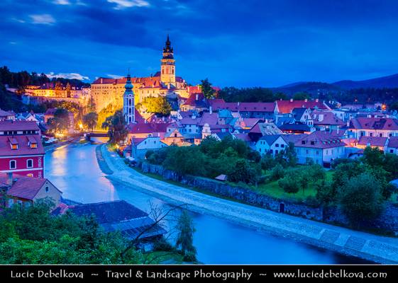 Czech Republic - Cesky Krumlov Castle Towering over Vltava River at Dusk - Twilight - Blue Hour