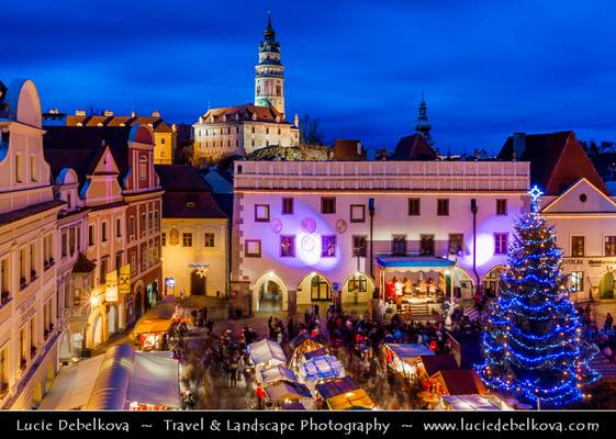 Czech Republic - South Bohemian Region - Český Krumlov - UNESCO World Heritage Site - Old Town - Christmas Market on main square at Dusk - Twilight - Blue Hour - Night