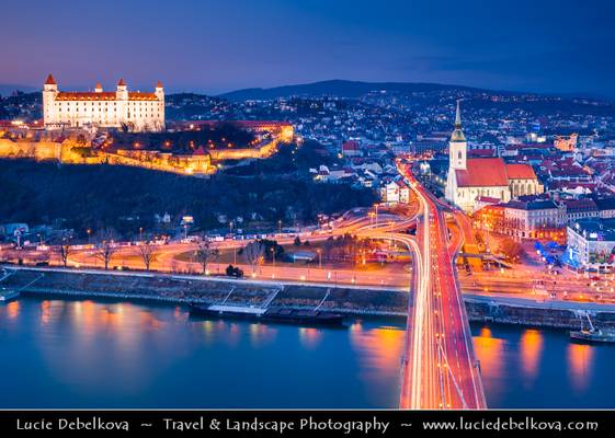 Slovak Republic - Bratislava - City View from Nový Most - New Bridge - during Twilight - Dawn - Blue Hour