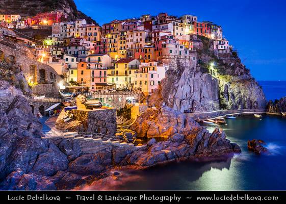 Italy - Liguria Coast - Riviera Ligure - Cinque Terre - Manarola at Dusk - Twilight - Blue Hour - Night