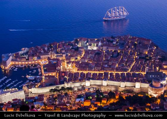 Croatia - Dubrovnik - View over the Old Walled City from Hill Above - Dusk - Twilight - Blue Hour