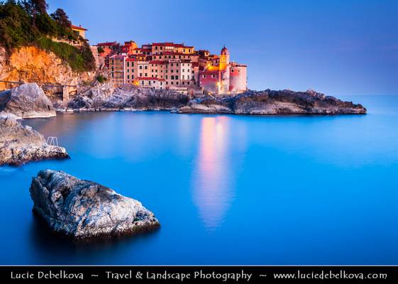 Italy - Liguria Coast - Riviera Ligure - Poets Gulf (Golfo dei Poeti) - Tellaro - Wonderful Traditional Village on shores of Mediterranean sea at Dusk - Twilight - Blue Hour