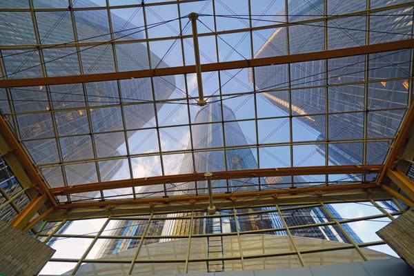 View through the glass roof of the Wintergarden, GM Renaissance Center, Detroit