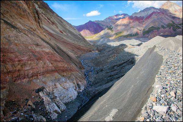 Braided stream canyon formed by mountain slope and retreating glacier