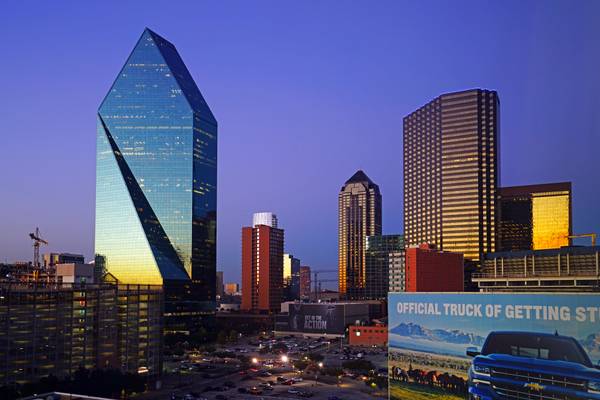 Last rays of sunset reflecting in the skyscrapers, Dallas, Texas