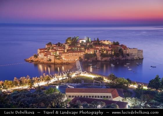 Montenegro - Crna Gora - Sveti Stefan - Aman Sveti Stefan - Свети Стефан - Santo Stefano - Small islet and hotel resort in Montenegro at Twilight - Blue Hour - Dusk