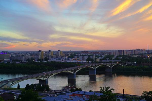 Fantastic sunset sky over Nizhny Novgorod, Russia