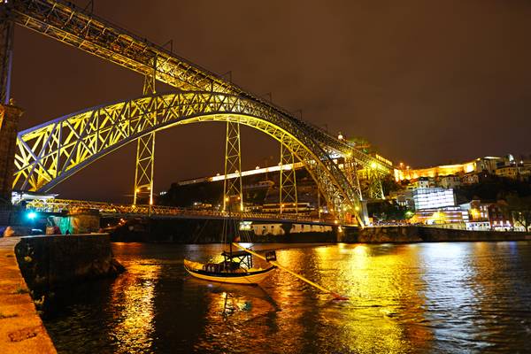 Porto by night. Luís I Bridge from Cais da Ribeira