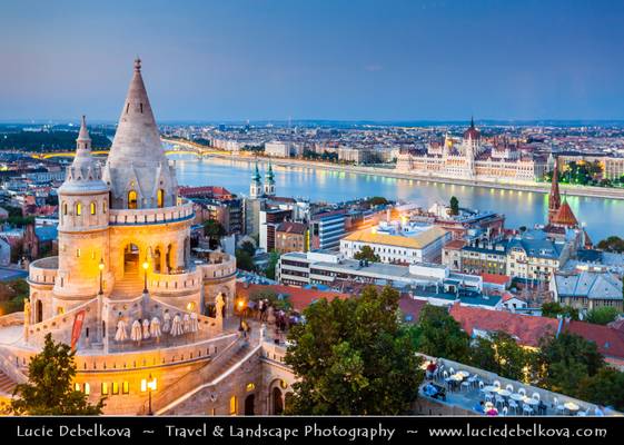Hungary - Budapest - Fisherman's Bastion - Halászbástya & Parliament building along Danube from Castle Hill at Dusk - Twilight - Blue Hour