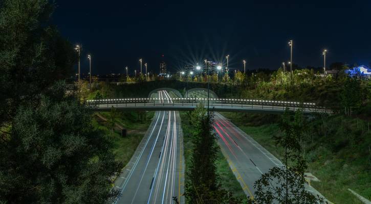 Tunnel at Tulsa's Gathering Place with light trails