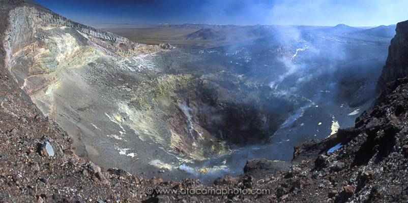 Panoramic view into the crater of active volcano Lascar, Chile