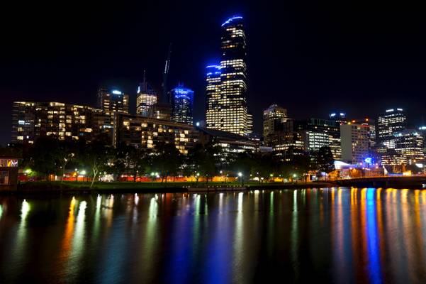 Yarra river at night and the Rialto, Melbourne, Victoria, Australia