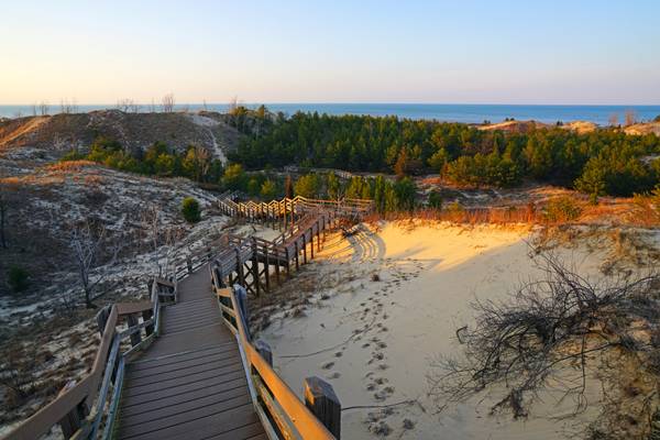 Stairs down the dunes to the lake, Indiana Dunes, USA