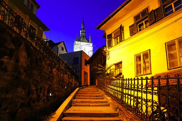 Sighișoara at the blue hour. Staircase to the upper town