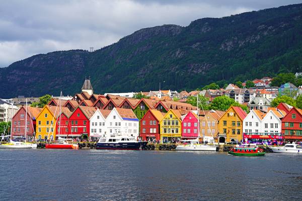 Bryggen view across Bergen harbour, Norway