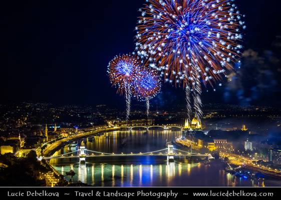 Hungary - Budapest - UNESCO World Heritage Site - City View overlooking River Danube between Buda and Pest - Spectacular fireworks on Hungary's National Day
