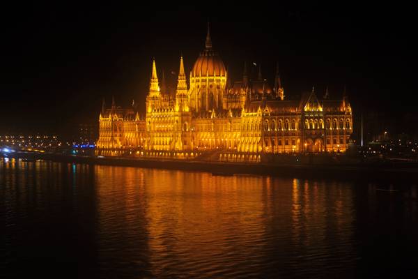 Budapest by night. The Parliament from Victoria hotel