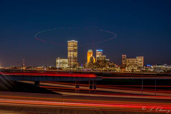 car and helicopter light trails