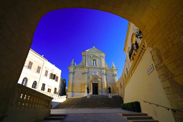 Gozo Cathedral from under the gateway arch, Malta