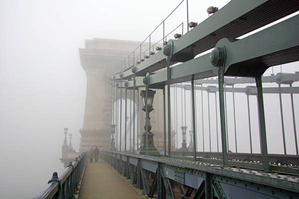 Foggy Budapest. Walking on the Chain Bridge