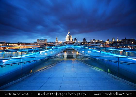 UK - England - London - Dusk at St. Paul's Cathedral and the Millennium bridge over the river Thames