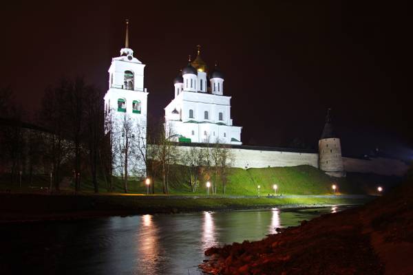 Pskov by night. Krom view across Pskova river