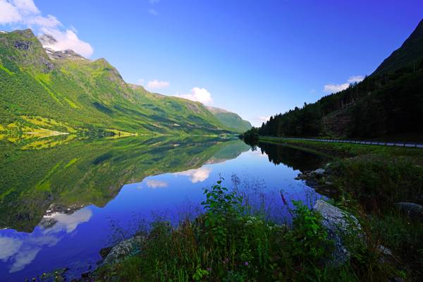Calm water of lake Fitjavatnet, Norway