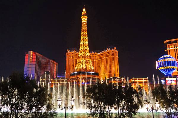 Las Vegas by night. Bellagio fountains & Eiffel Tower