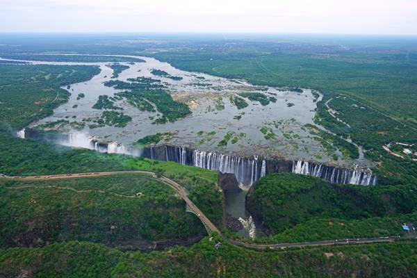 Aerial view of Victoria Falls Bridge connecting Zimbabwe & Zambia