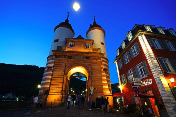 Heidelberg at the blue hour. The Old Bridge Gatehouse