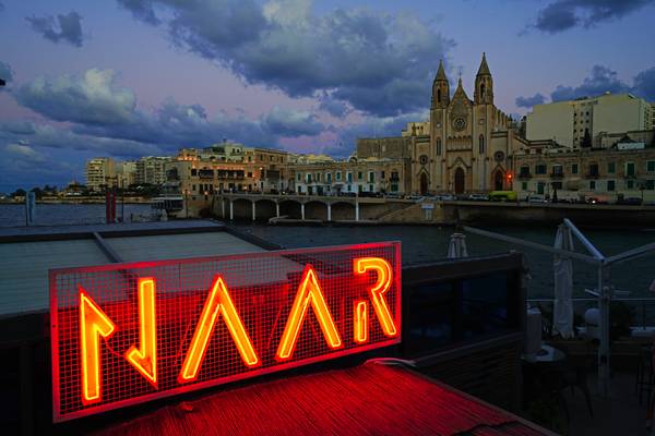 View across Balluta Bay after sunset, Naar restaurant, Malta