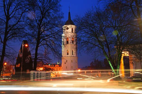 Vilnius by night. Belfry of the Cathedral