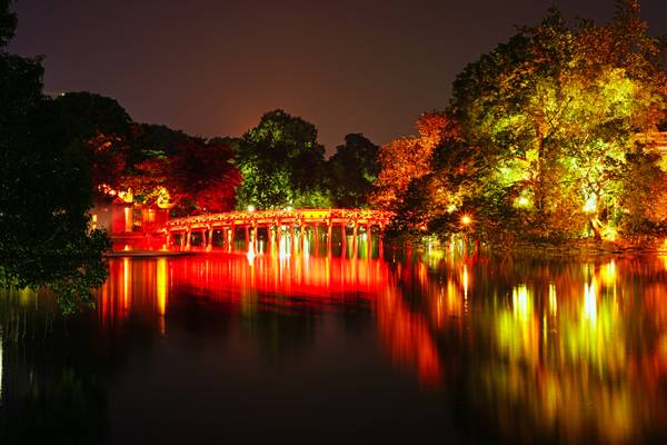 Hanoi by night. Red bridge to Ngoc Son Temple