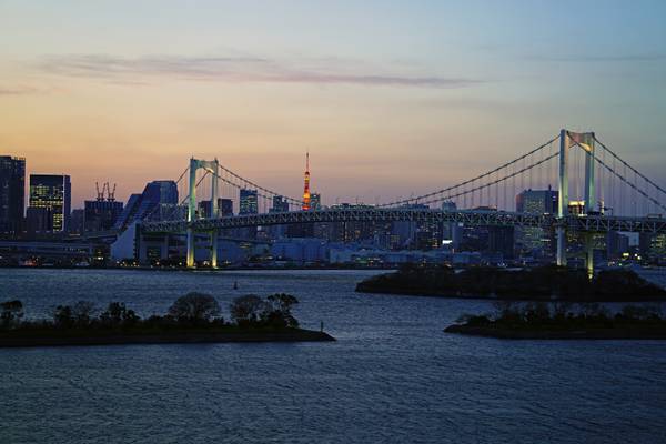 Tokyo at the golden hour. Rainbow Bridge
