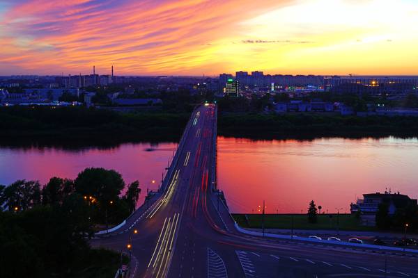 Incredible colours of sunset reflecting in Oka river, Nizhny Novgorod, Russia