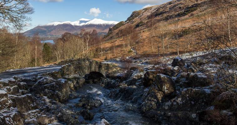 Looking over Ashness Bridge to Derwent Water and Skiddaw