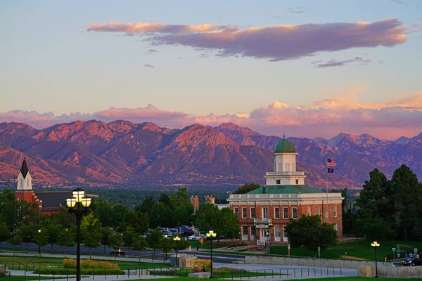 Reddish mountains behind the Council Hall at sunset, Salt Lake City