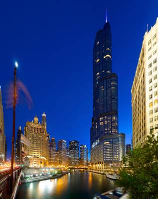 Chicago river waterfront with Trump tower at dusk, Chicago, Illinois, USA