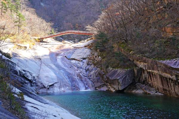 Red bridge & green lake, Diamond Mountains, DPRK