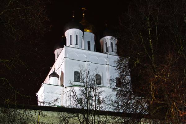 Pskov by night. Trinity Cathedral
