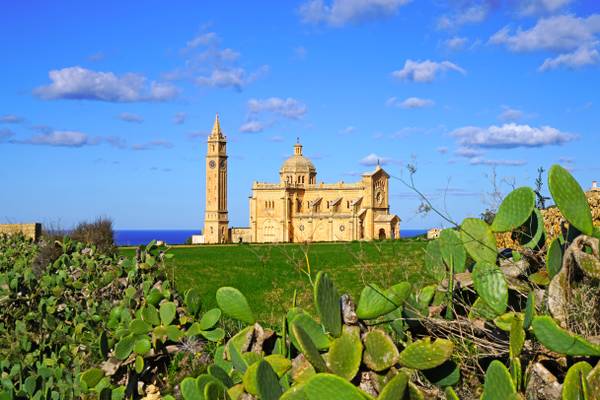 Ta' Pinu Church in cactus frame, Gozo, Malta