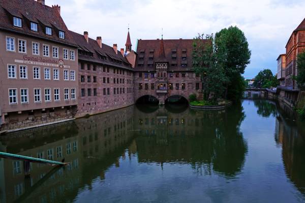 Hospital of the Holy Spirit reflecting in Pegnitz river, Nuremberg