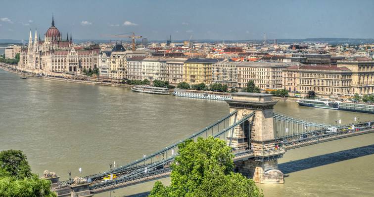 View of the Hungarian Parliament building from Castle Hill Palace.The Széchenyi Chain Bridge is in the foreground.