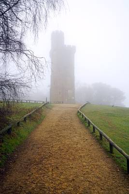 Footpath to Leith Hill Tower in a fog, Dorking, England