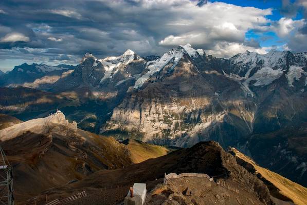 A view to   Birg The Jungfrau The Eiger and The Mönch Mountains . A view from Piz Gloria  (Schilthorn ) Canton Of Bern, Switzerland. October 7, 2009, Izakigur 2009:10:07 18:39:52 No. 6352.