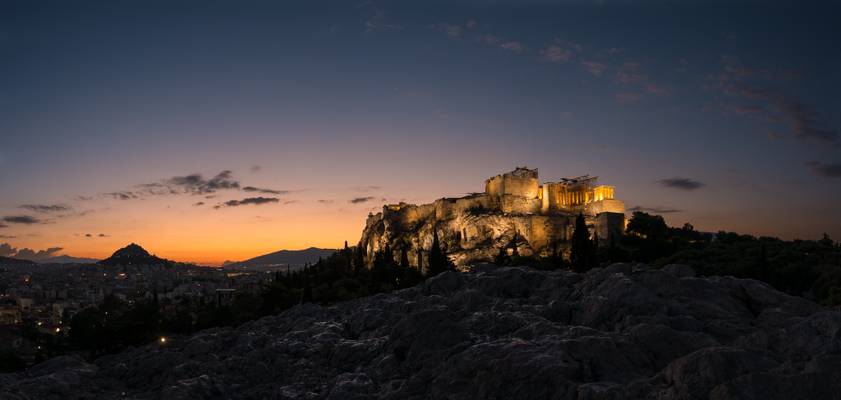 Lycabettus and Acropolis at blue hour